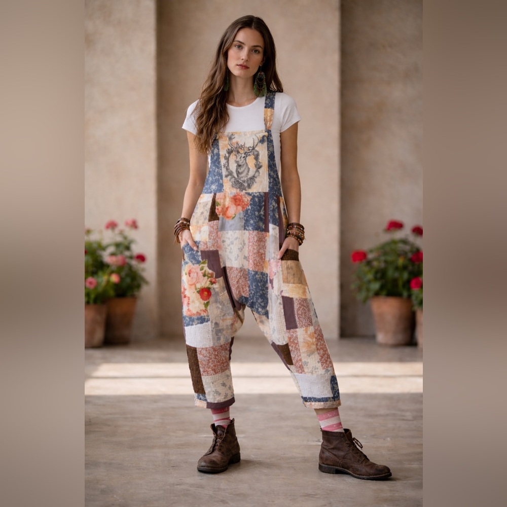 “Clochard de Luxe” Patchwork Floral Overalls in Blue, Cream & Brown